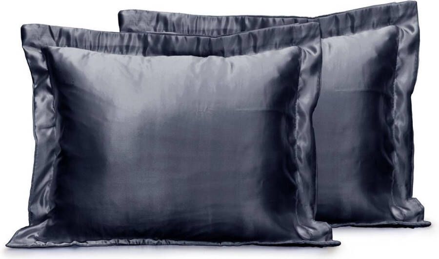 Eleganzzz Skin Care Kapselsloop Satijnen Kussensloop Anthracite Kussenslopen 60x70cm Set van 2 Oxford Rand Beauty Kapselsloop