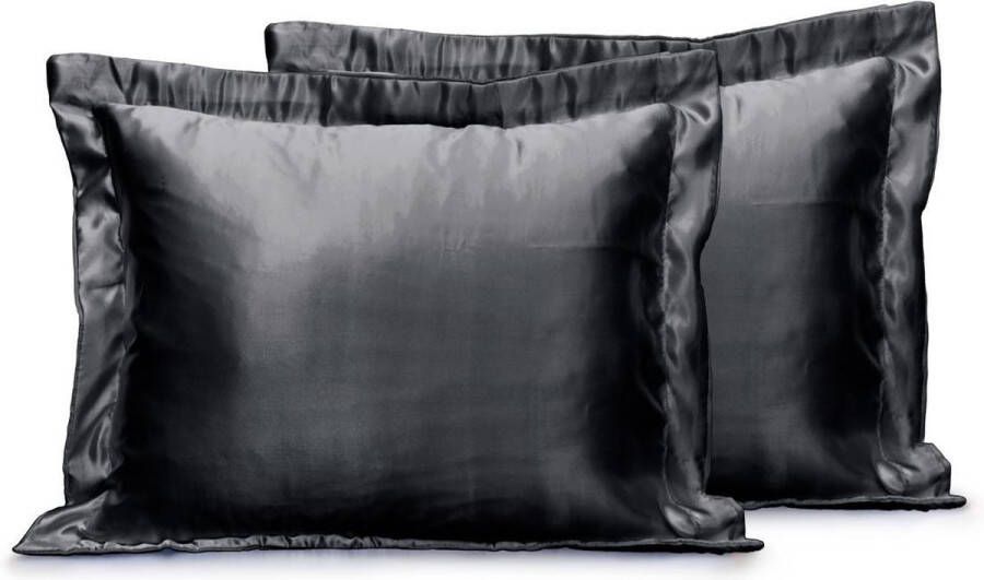 Eleganzzz Skin Care Kapselsloop Satijnen Kussensloop Black Kussenslopen 60x70cm Set van 2 Oxford Rand Beauty Kapselsloop