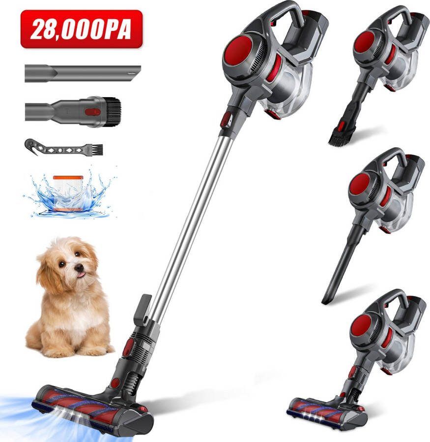 Elekiatech Steelstofzuiger 28000 Pa 300W Steelstofzuiger Draadloos 2200 mAh Accu 50 Minuten 1 3 L Stofbak voor Tapijten en Harde Vloere-Rood