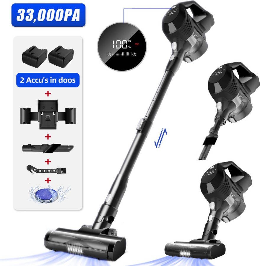 Elekiatech Steelstofzuiger 33000Pa 2x 2200 mAh Accu's 480W Steelstofzuiger Draadloos 100Minuten 1 5L Stofbak voor Tapijten en Harde Vloere Zwart