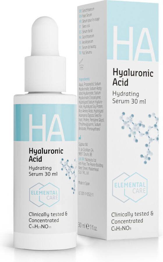 ELEMENTAL CARE Hyaluronzuur gezichtsserum 30 ml Anti-Aging Hyaluronic Acid Serum Dezichtsverzorging met Onmiddellijk effect op rimpels tegen donkere kringen voor vrouwen en mannen