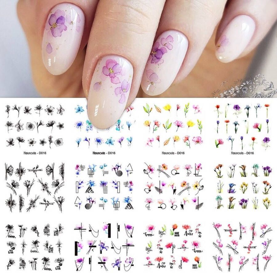 MerkIoos 12 Stuks Nagelstickers – Nail Art Stickers – Minimalistische Bloemen – Set van 12 nagelstickers – Minimalistische bloemen designs – nail art – Stijlvolle en elegante stickers – thuis en salons