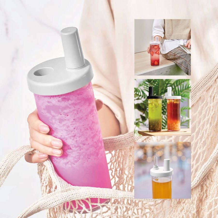 Elephant Cuppa Duurzame Drinkbeker met 720 ml Witte Deksel Bubbletea Waterfles Drinkfles Transparant Vaatwasser veilig Handige met losse drink rietjes Maataanduiding BPA- & Lekvrij Mason Jar Drinkingmug with straw Boba tea