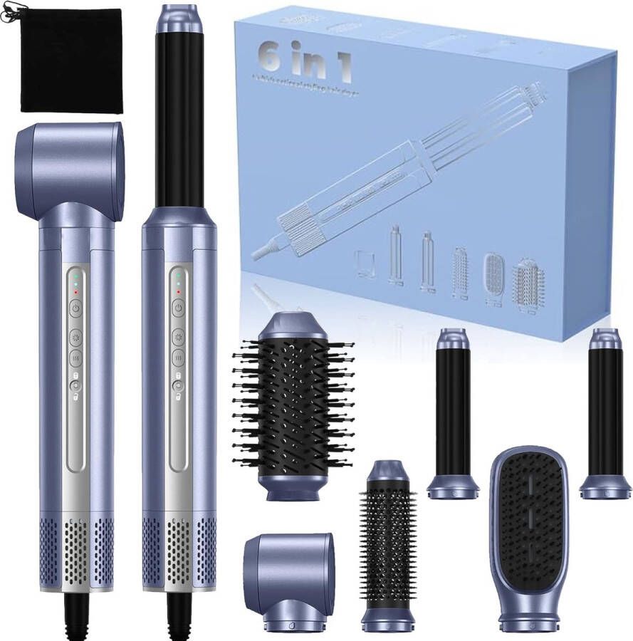 Elevatebe 6-in-1 airstyler Multistyler Krultang Warmteborstel Haardroger fohnborstel hairwrap 1400W Lichtblauw