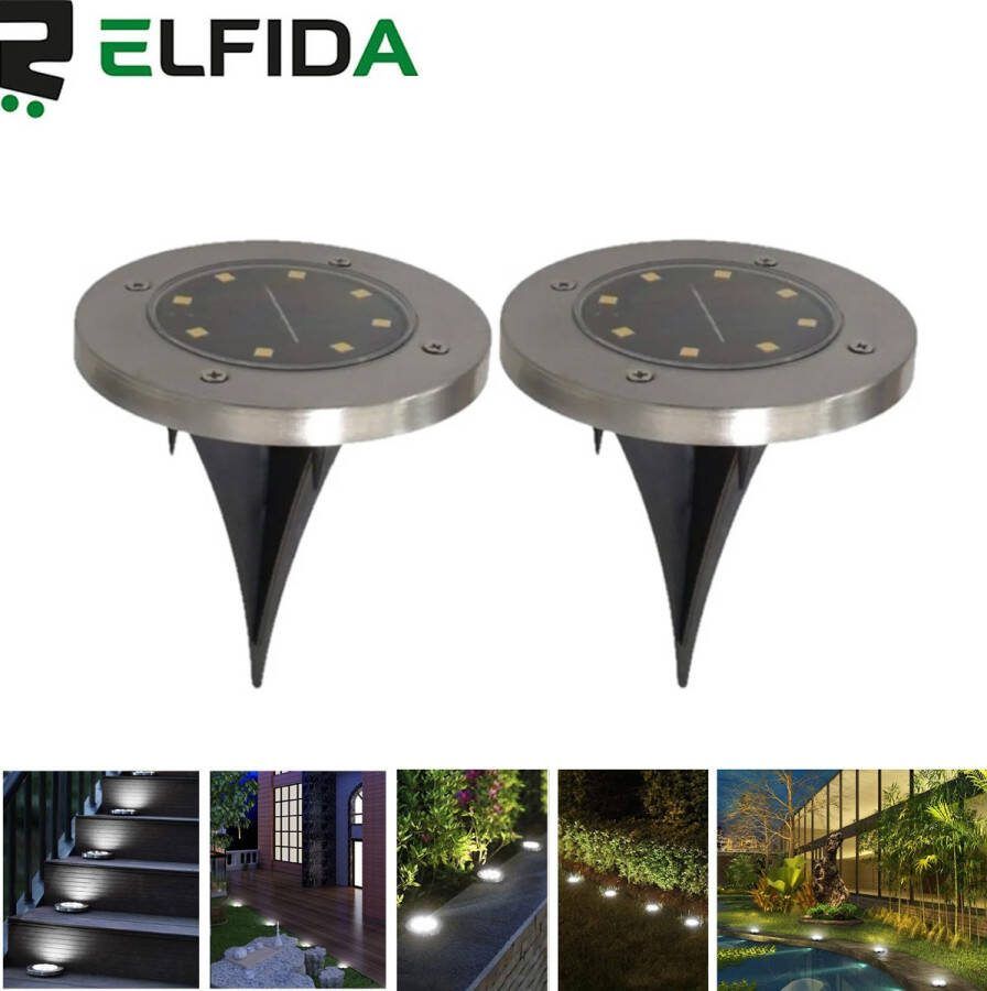 Elfida Tuinverlichting op Zonne Energie Set van 2 Grondspots met 8 LEDs voor Buiten 14cm Diameter Solar Tuinverlichting