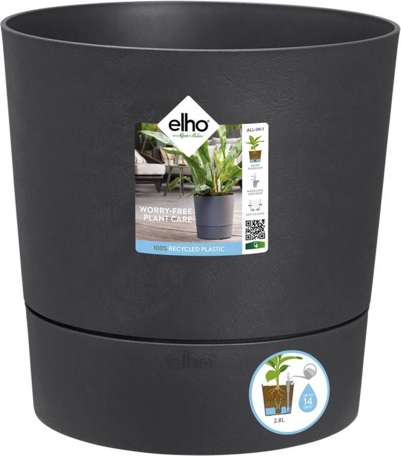 Elho Greensense Aqua Care Rond 30 Bloempot voor Binnen met Waterreservoir 100% Gerecycled Plastic Ø 29.5 x H 29.1 cm Grijs Houtskoolgrijs