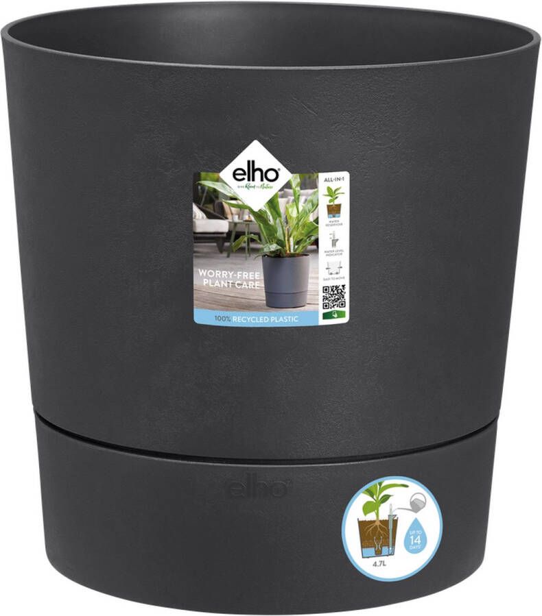 Elho Greensense Aqua Care Rond 35 Bloempot voor Binnen met Waterreservoir 100% Gerecycled Plastic Ø 34.5 x H 34.1 cm Grijs Houtskoolgrijs