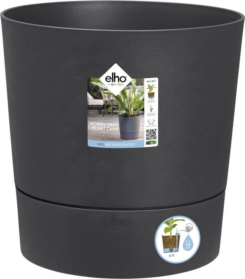 Elho Greensense Aqua Care Rond 35 Bloempot voor Binnen met Waterreservoir 100% Gerecycled Plastic Ø 34.5 x H 34.1 cm Grijs Houtskoolgrijs