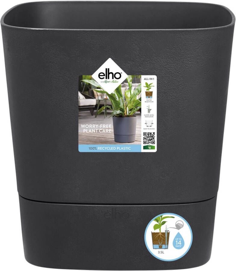 Elho Greensense Aqua Care Vierkant 30 Bloempot voor Binnen met Waterreservoir 100% Gerecycled Plastic Ø 29.5 x H 30.2 cm Grijs Houtskoolgrijs