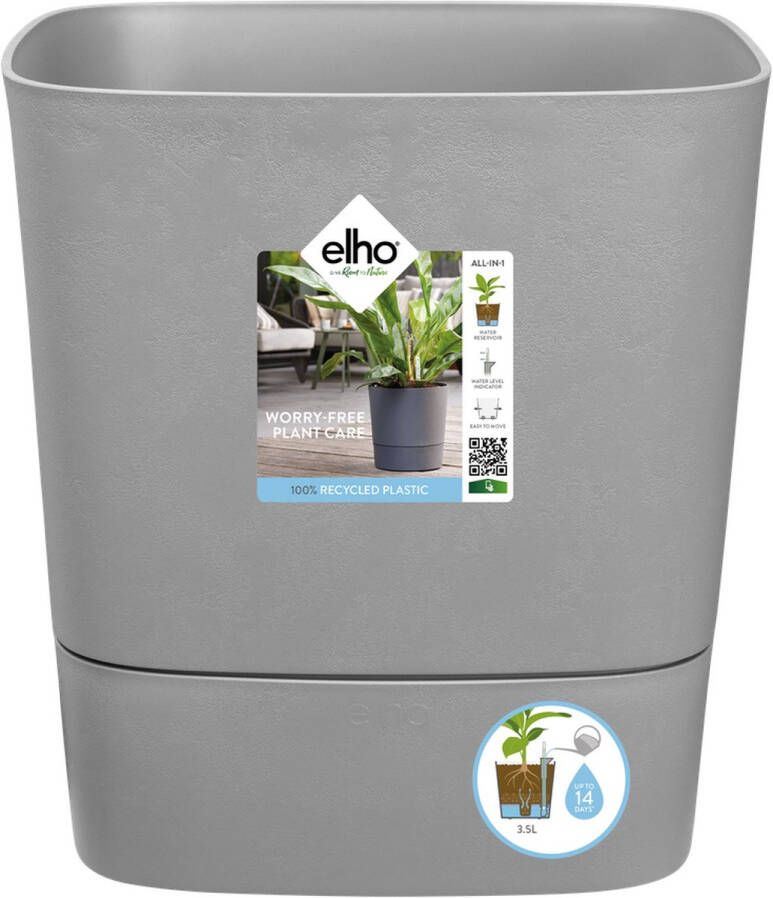 Elho Greensense Aqua Care Vierkant 30 Bloempot voor Binnen met Waterreservoir 100% Gerecycled Plastic Ø 29.5 x H 30.2 cm Grijs Houtskoolgrijs