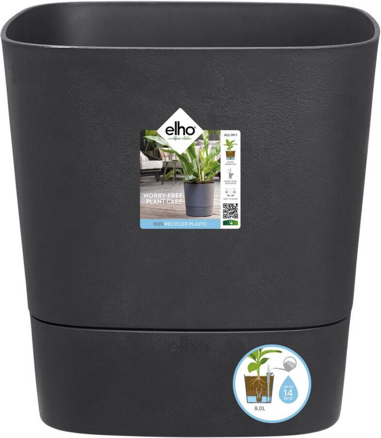 Elho Greensense Aqua Care Vierkant 38 Bloempot voor Binnen met Waterreservoir 100% Gerecycled Plastic Ø 38.0 x H 38.9 cm Grijs Houtskoolgrijs