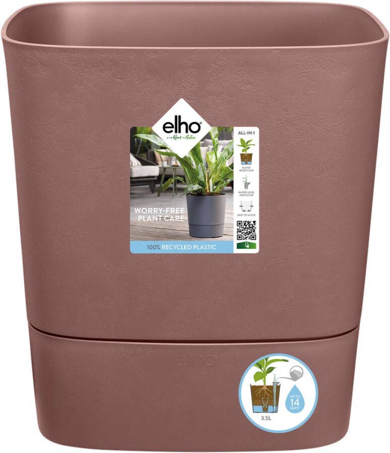 Elho Greensense Aqua Care Vierkant 38 Bloempot voor Binnen met Waterreservoir 100% Gerecycled Plastic Ø 38.0 x H 38.9 cm Kleibruin
