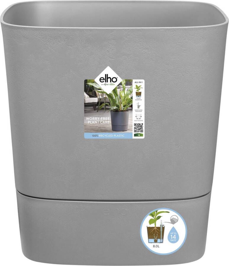 Elho Greensense Aqua Care Vierkant 38 Bloempot voor Binnen met Waterreservoir 100% Gerecycled Plastic Ø 38.0 x H 38.9 cm Houtskoolgrijs
