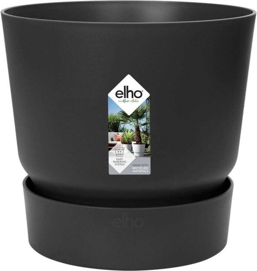 Elho Greenville Rond 14 Bloempot voor Buiten met Waterreservoir 100% Gerecycled Plastic Ø 14.0 x H 13.4 cm Living Black