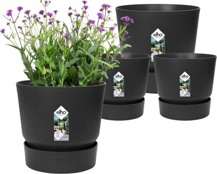 Elho Greenville Rond 14 en 16 cm Bloempot voor Buiten met Waterreservoir 100% Gerecycled Plastic Set van 4 Ø 14 16 cm Living Black