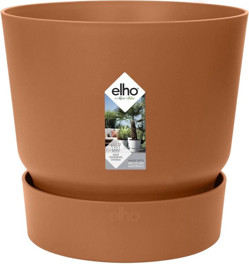 Elho Greenville Rond 30 Grote Bloempot voor Buiten met Waterreservoir 100% Gerecycled Plastic Ø 29.5 x H 27.8 cm Gemberbruin