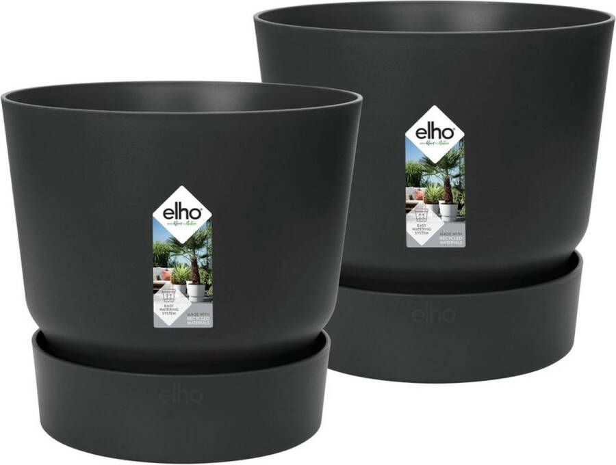 Elho Greenville Rond 30 Bloempotten voor buiten + Groen Inspiratiepakketje Met Waterreservoir Set van 2 Ø 30 cm