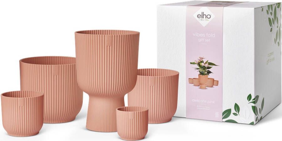 Elho Vibes Fold Rond Giftset â€“ Bloempotten van 100% Gerecycled Plastic Set van 5 Delicaat Roze