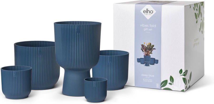 Elho Vibes Fold Rond Giftset â€“ Bloempotten van 100% Gerecycled Plastic Set van 5 Diepblauw
