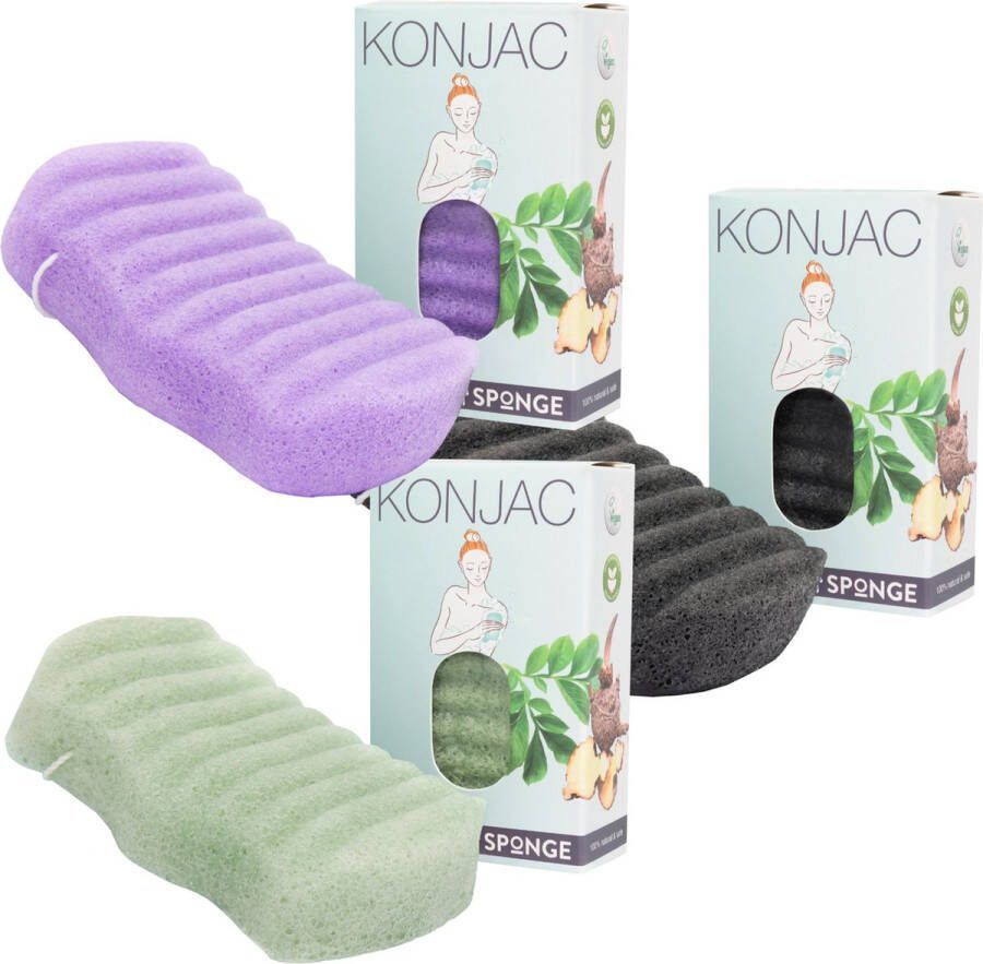 Elicious Konjac Badsponzen set Natural Detox Set van 3 Badspons Alle Huidtypen Douche Bad Huidreiniging Natuurlijk Plasticvrij Vegan Dierproefvrij