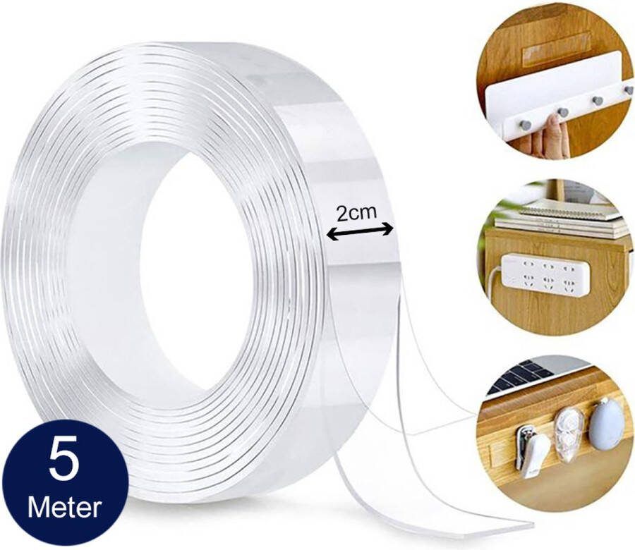 Elite Elements Dubbelzijdig Tape Extra Sterk Transparant Montagetape Plakband Herbruikbaar en Waterbestendig 5m Lang & 2cm Breed
