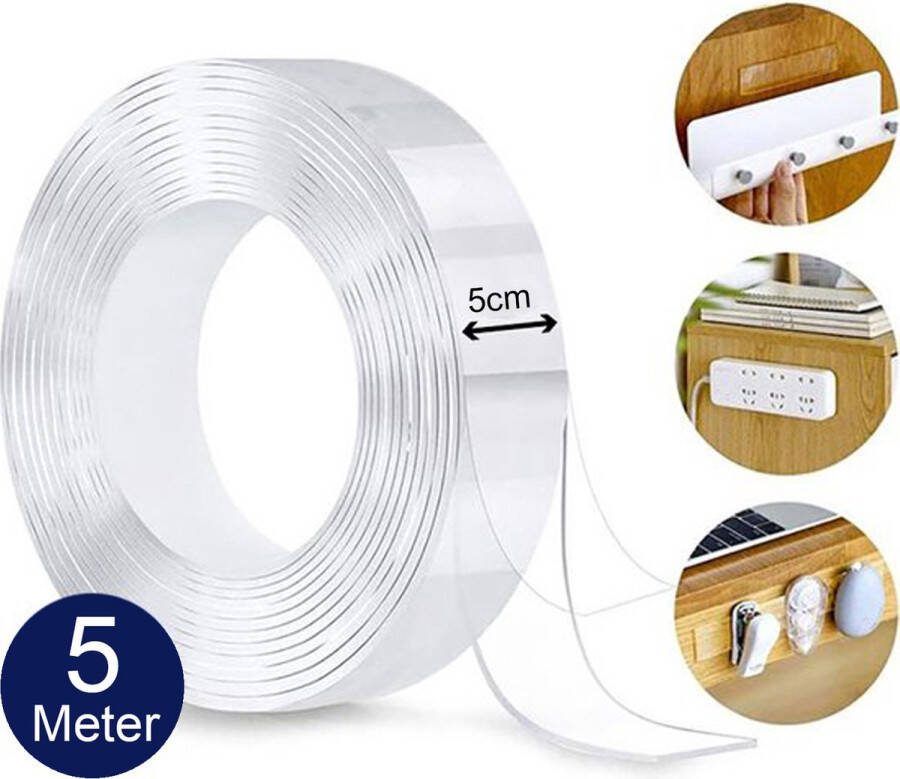 Elite Elements Dubbelzijdig Tape Extra Sterk Transparant Montagetape Plakband Herbruikbaar en Waterbestendig 5m Lang & 5cm Breed
