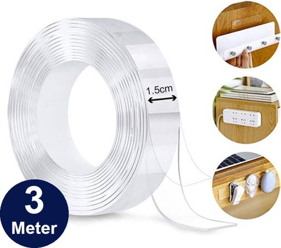 Elite Elements Dubbelzijdig Tape Extra Sterk Transparant Nano Tape Montagetape Plakband Herbruikbaar en Waterbestendig 3m Lang & 1.5cm Breed