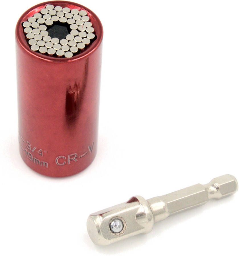 ELiving Universele dopsleutel Gator Grip inclusief adapter voor op je boormachine of ratelsleutel. Rood
