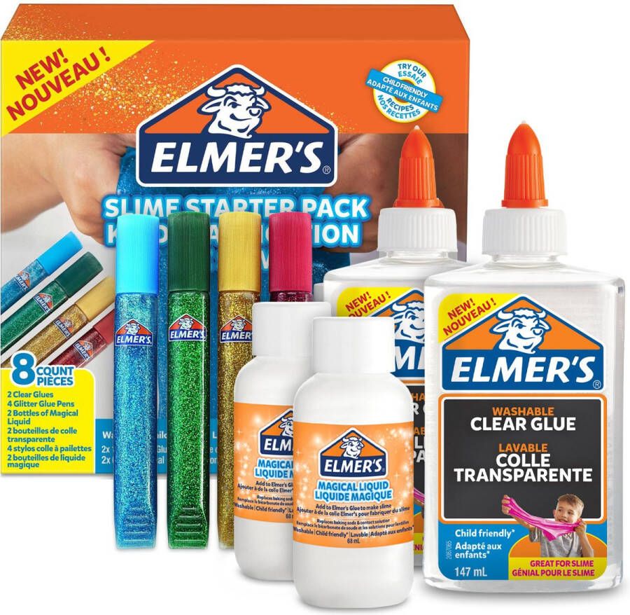 Elmer's starterkit voor lijmslijm transparante lijm glitterlijmpennen en slijmactiverende oplossing met Tovervloeistof 8 stuks slime kit