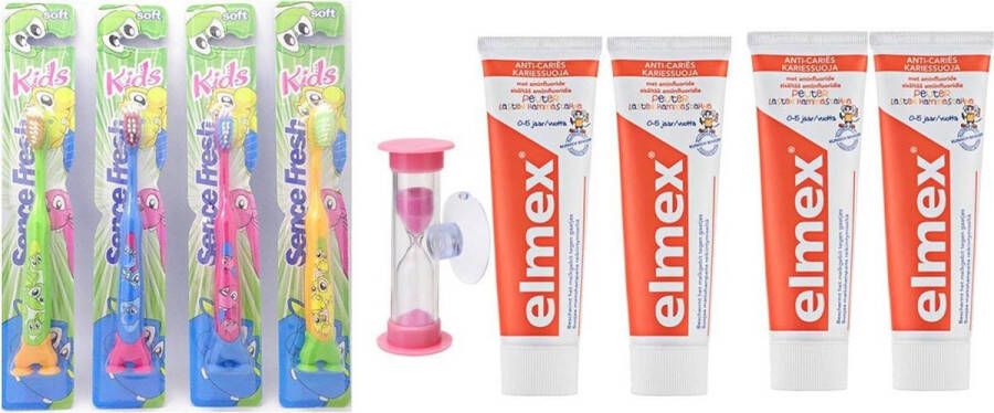 Elmex kinder tandpasta 4 x en 4 x sence tandenborstels en zandloper