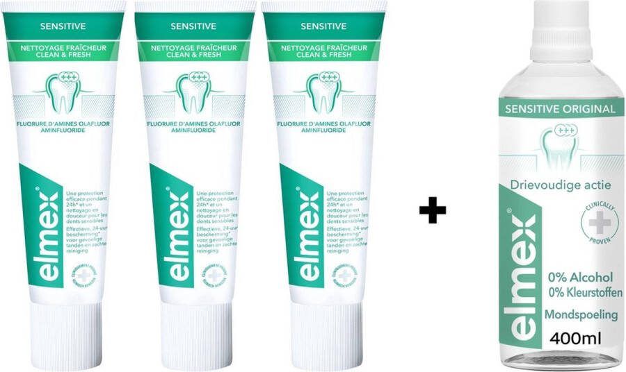 Elmex Sensitive Pakket 3 x Clean & Fresh Tandpasta & Mondwater 400 ml