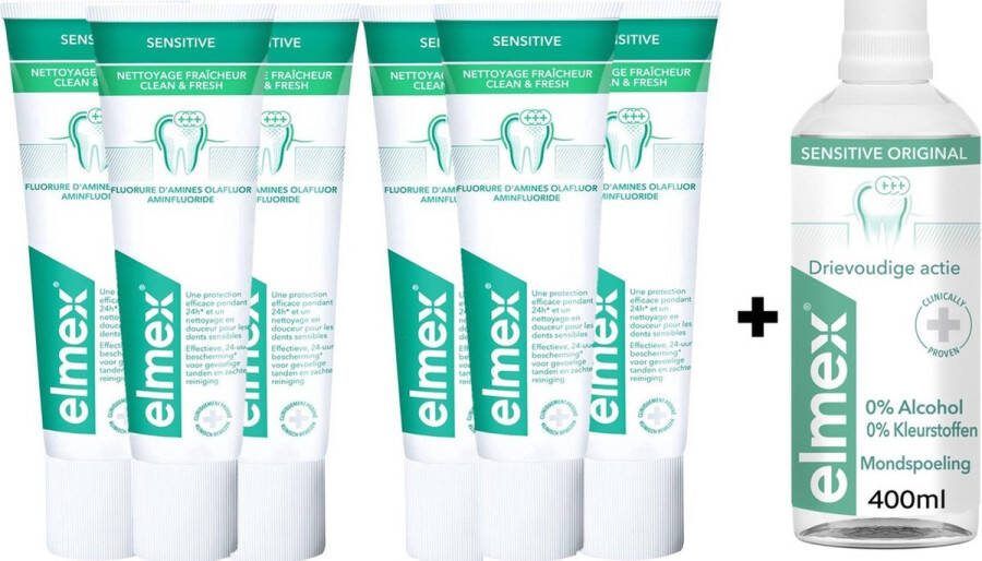Elmex Sensitive Pakket 6 x Clean & Fresh Tandpasta & Mondwater 400 ml
