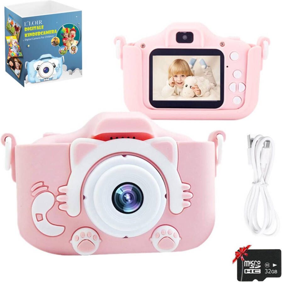 E'loir Digitale Kindercamera inclusief Micro SD Kaart 32GB Compact Fototoestel voor Kinderen 1080p HD Vlog Camera Roze