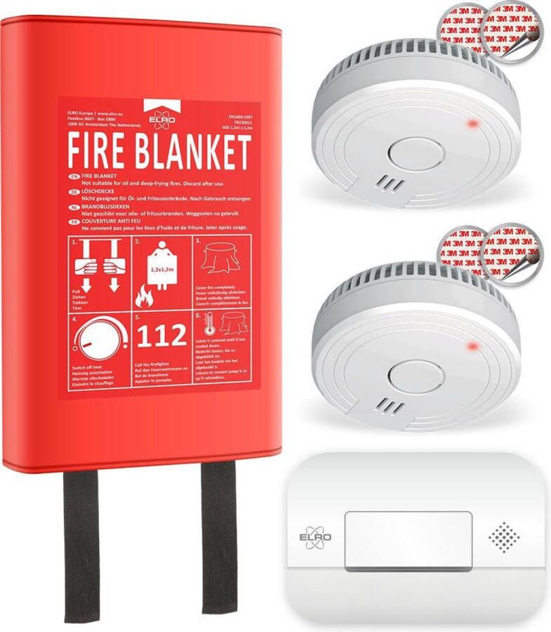 ELRO FF0404 Brandpreventieset 2x Rookmelder met 5 jaar batterij en magneetmontage CO Melder met 10 jaar sensor Blusdeken Hardcover 1 2m x 1 2m