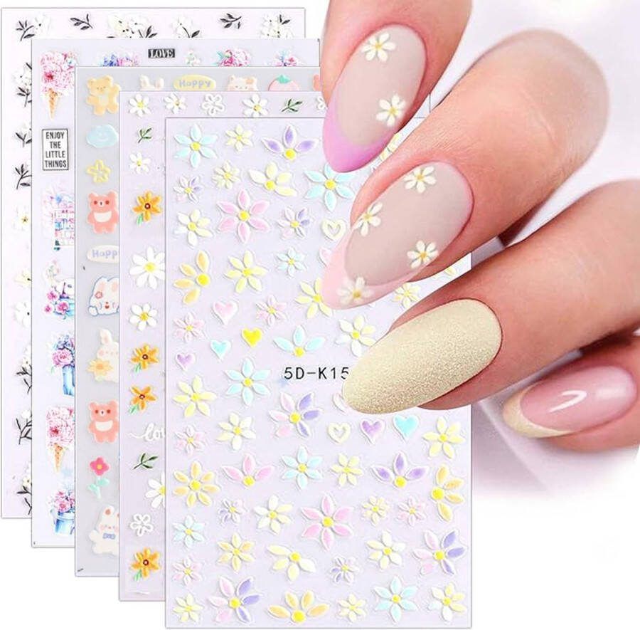 Elysee Beauty 5 vellen 5D nagel stickers Nagelstickers bloemen en beertjes Nagel decoratie Zelfklevende nagelstickers Flowers & cute bear stickers Nail art set tools