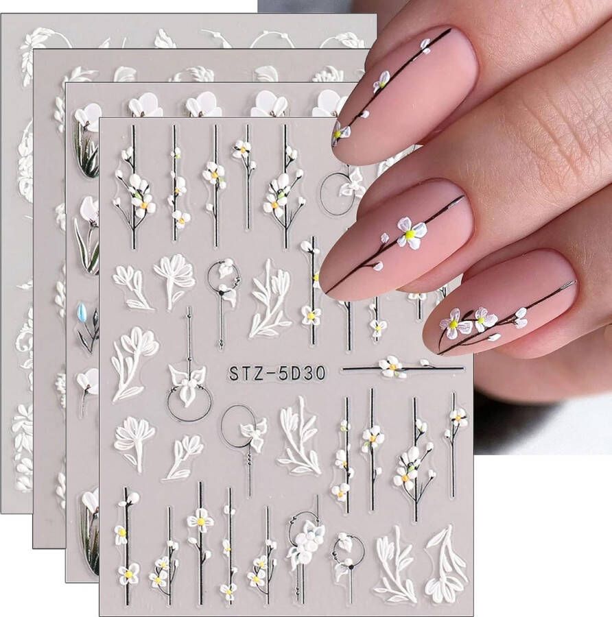 Elysee Beauty 5 vellen 5D nagel stickers wit kleur Nagelstickers bloem abstract Nagel decoratie Zelfklevende nagelstickers Flower stickers Nail art set tools