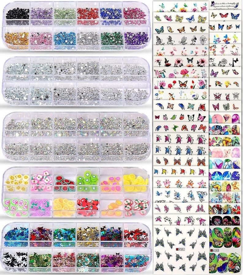 Elysee Beauty Nail art & sticker set Nagel diamantjes steentjes Nagel fruit & vlinders Nailart Nagel decoratie kit water decals nagelstickers velletjes