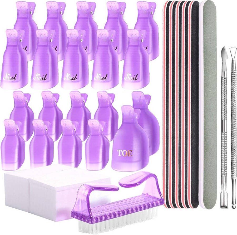 Elysee Beauty Paarse gel nagellak remover kit Met herbruikbare clips manicure en pedicure Nagelvijl en buffer set voor kunstnagel 100 180 Nagellakremover Nail polish remover