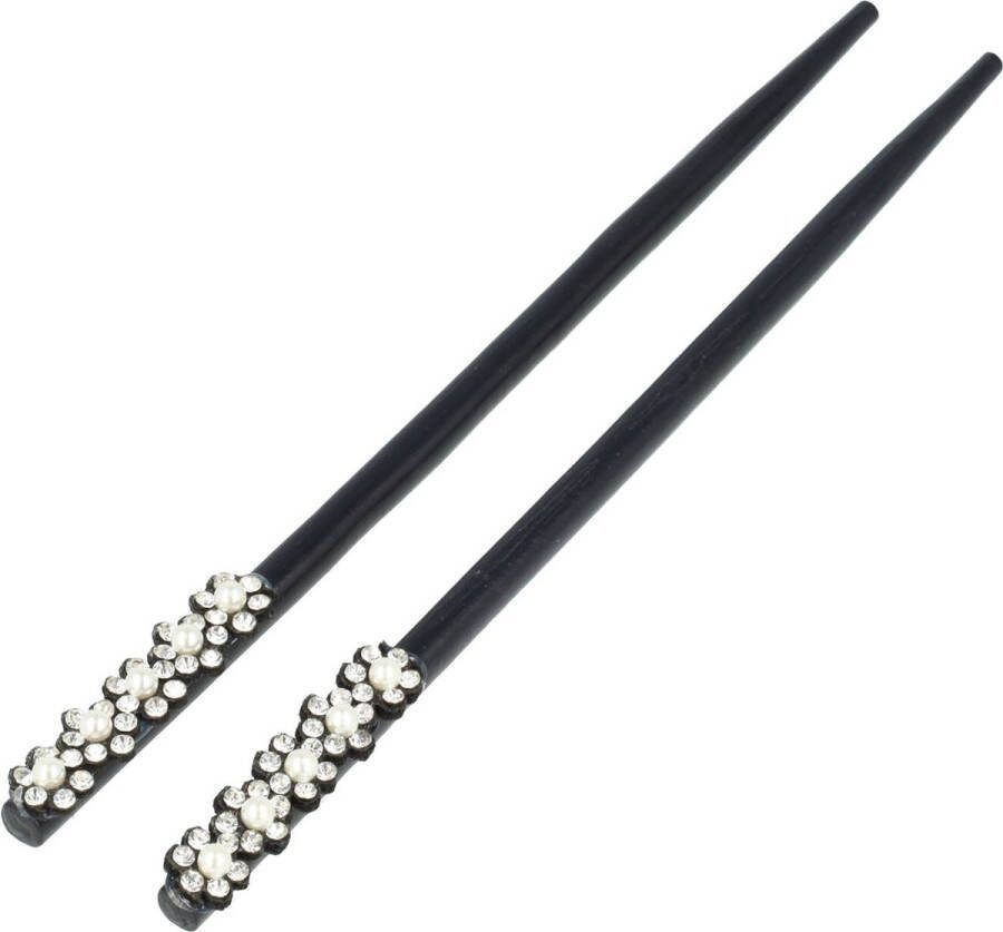 EM Haarpinnen Haarstokjes Blo Parel Strass Steentjes Hout 18cm Zwart Wit Zilver 2 Stuks Haar Pinnen Stokjes