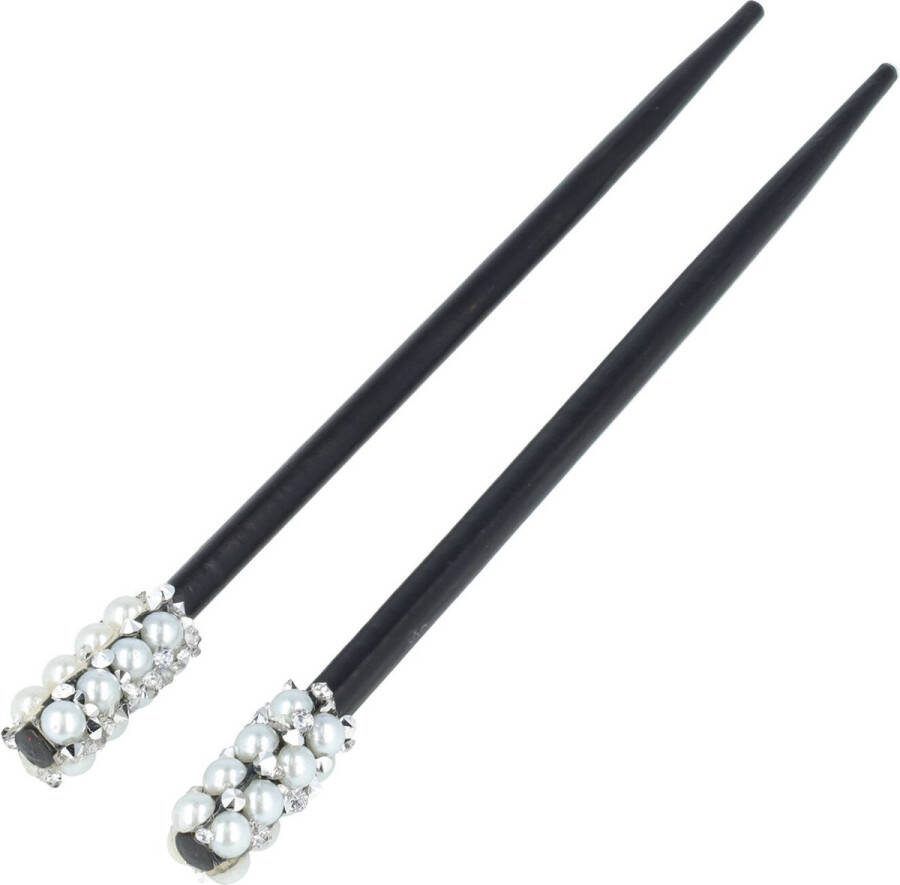 EM Haarpinnen Haarstokjes Parel Strass Steentjes Fantasie Hout 18cm Zwart Zilver 2 Stuks Haar Pinnen Stokjes