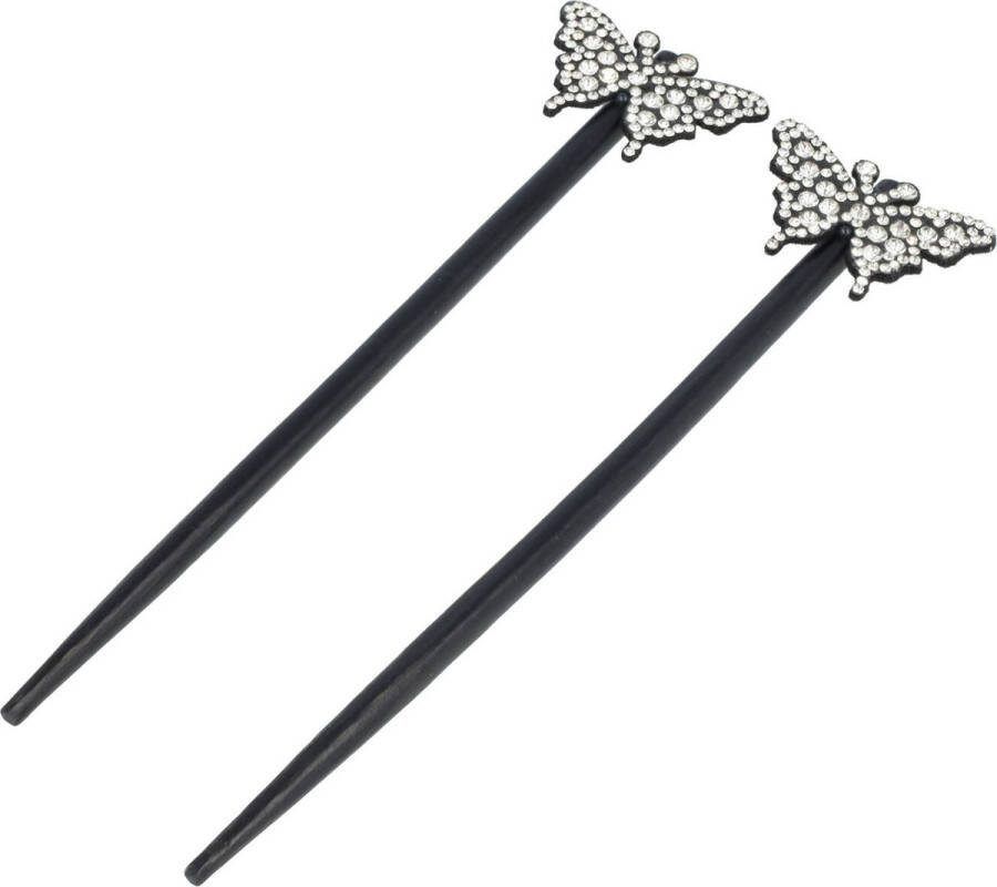EM Haarpinnen Haarstokjes Vlinder Strass Steentjes Hout 18cm Zwart Zilver 2 Stuks