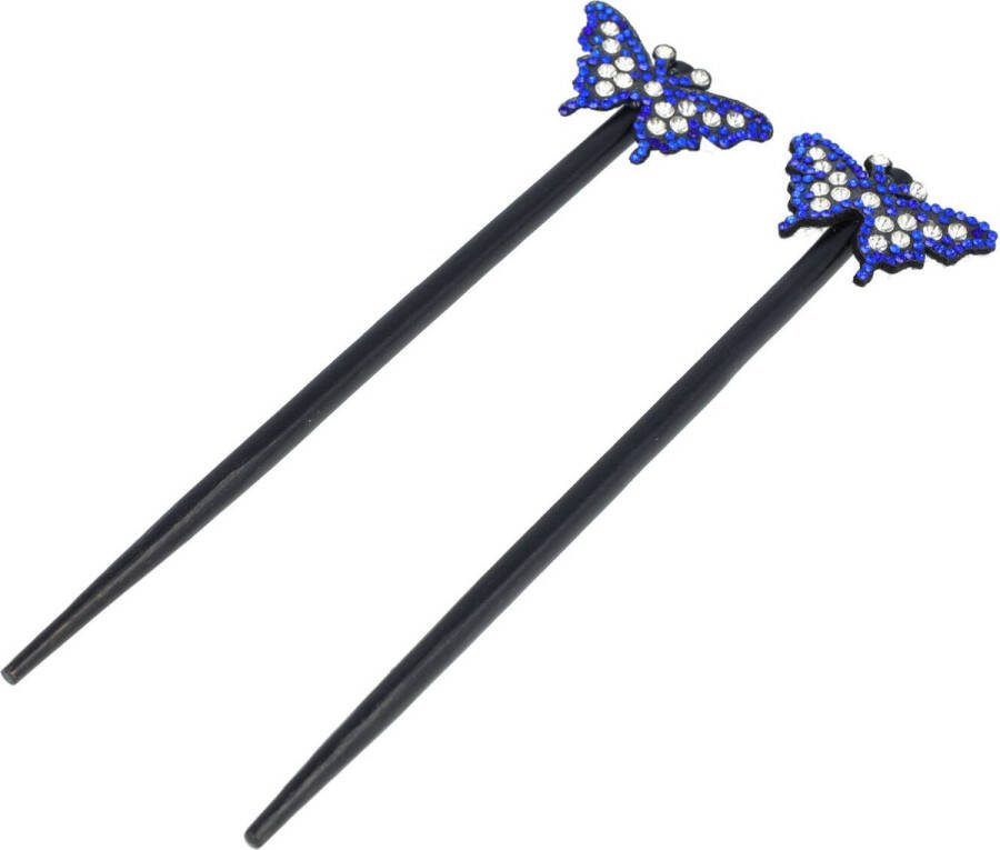 EM Haarpinnen Haarstokjes Vlinder Strass Steentjes Hout 18cm Zwart Zilver Blauw 2 Stuks