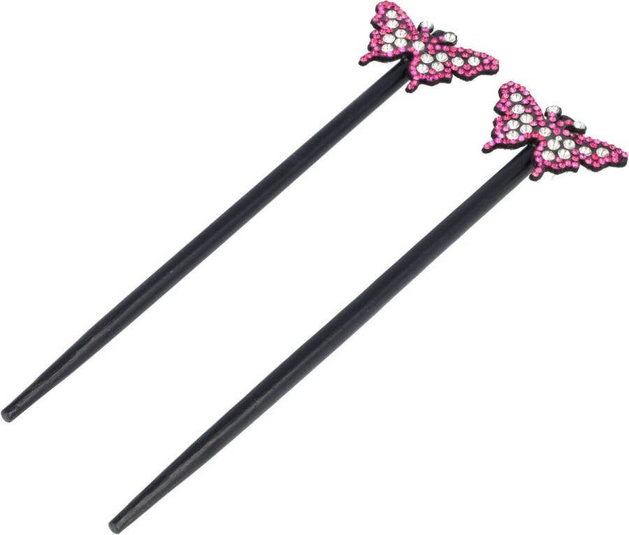 EM Haarpinnen Haarstokjes Vlinder Strass Steentjes Hout 18cm Zwart Zilver Fuchsia Roze 2 Stuks