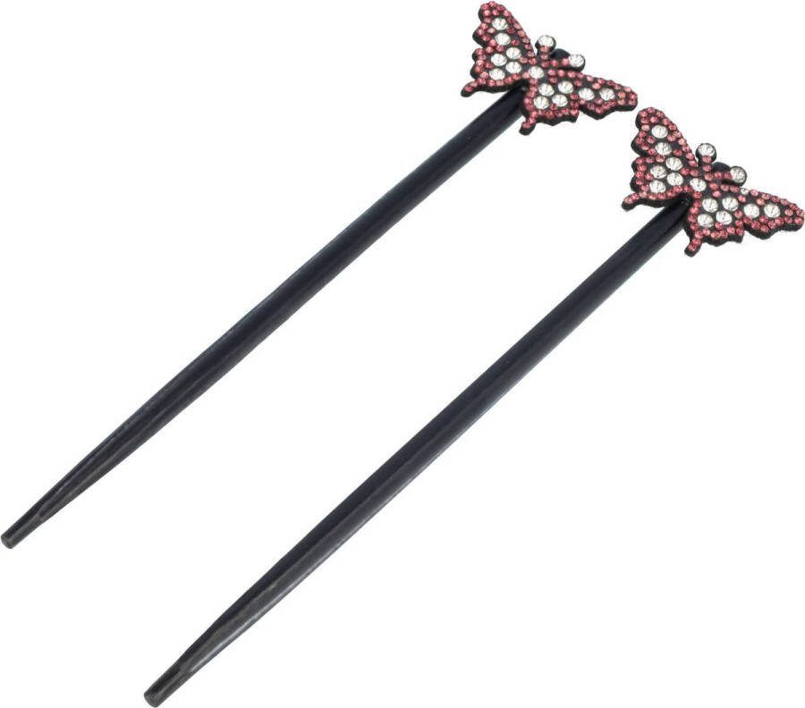 EM Haarpinnen Haarstokjes Vlinder Strass Steentjes Hout 18cm Zwart Zilver Oud Roze 2 Stuks