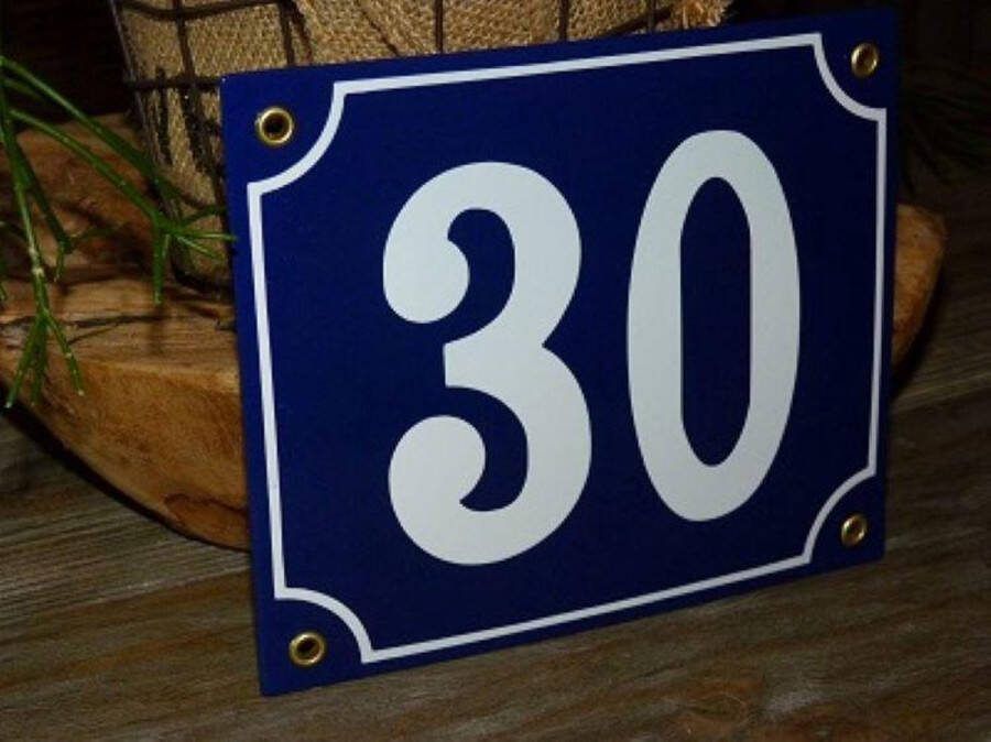 Emaille naambordjes online Emaille huisnummer 18x15 blauw wit nr. 30