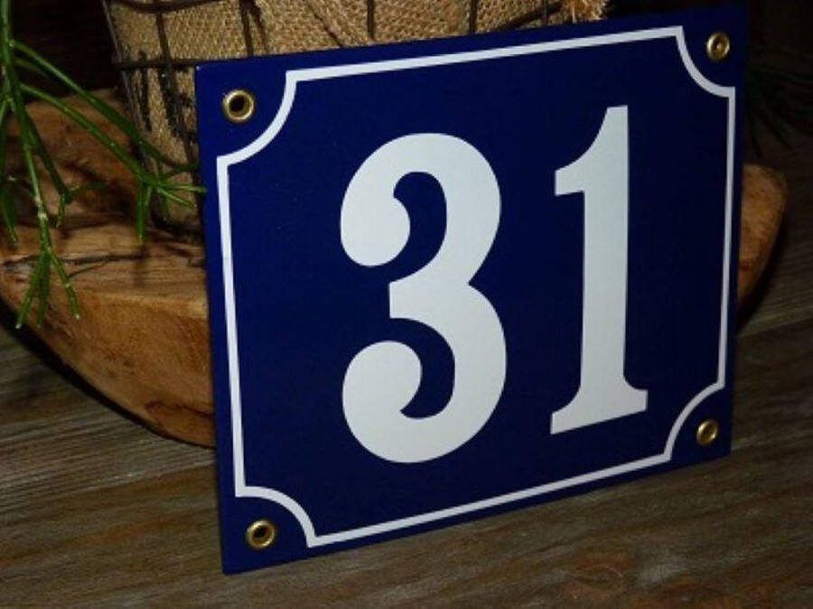 Emaille naambordjes online Emaille huisnummer 18x15 blauw wit nr. 31