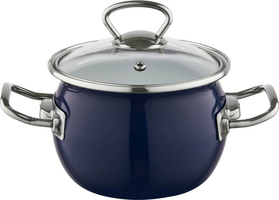 Emalia Berry 16 cm 1.5L retro geëmailleerde exclusieve kookpan met glazen deksel marineblauw geschikt voor alle warmtebronnen kookpannenset emaille limited edition blauw