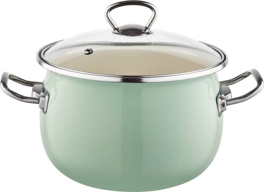 Emalia Berry 22 cm 4.25L retro geëmailleerde exclusieve kookpan met glazen deksel mint groen geschikt voor alle warmtebronnen kookpannenset emaille limited edition