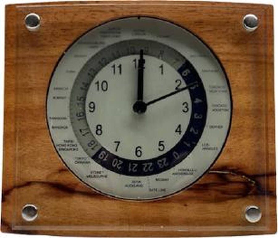Embassy Bruin Houten WereldKlok World Time Clock All Timezones (Batterijen niet inbegrepen)