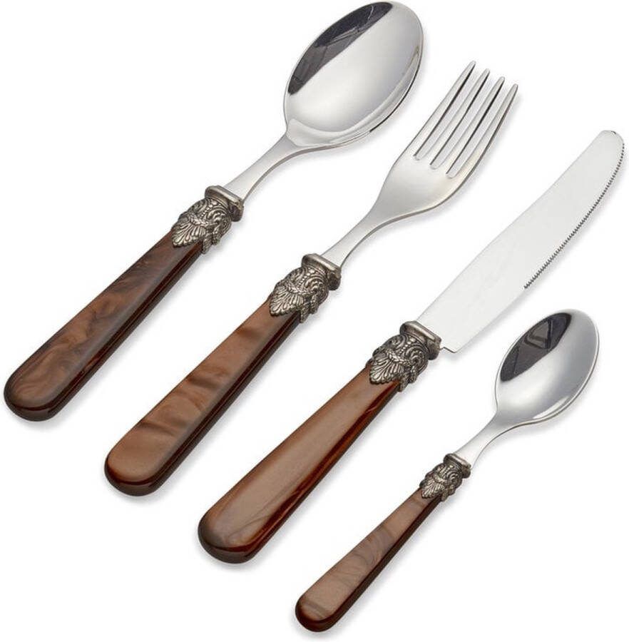 Eme Napoleon Diner Bestekset Bruin met Parelmoer 4 delig 1 persoon (1x lepel 1x vork 1x mes 1 x koffielepel kleine dessertlepel